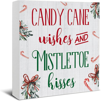 Funny Christmas Decor, Indoor Christmas Decorations, Candy Cane Wishes and Mistletoe Kisses Wooden Sign Rustic Home Shelf Desk Decor 5 x 5 Inches