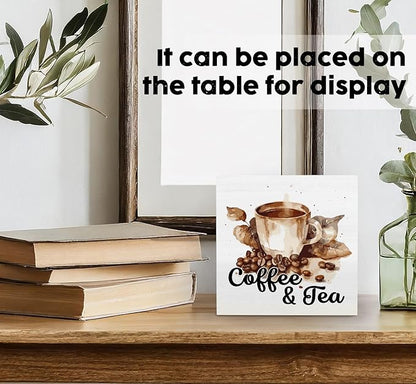 Coffee and Tea Bar Decor Wooden Sign,Tea Bar Accessories Home Office Tabletop Shelf Decor, Gifts for Coffee Lovers Women,5x5