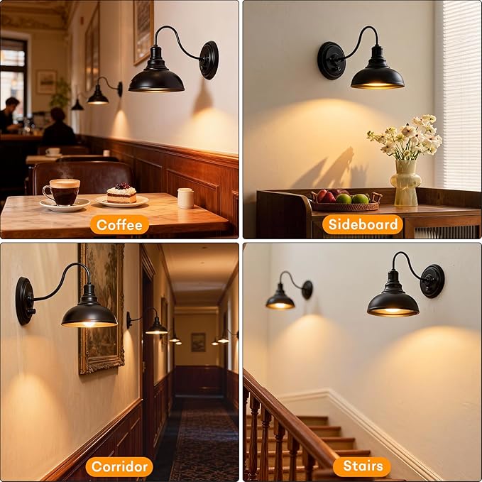 Lightess Dimmable Wall Sconces with Switch, Industrial Gooseneck Wall Light with Dimmer, Black Wall Mounted Bedside Lamps Set of Two