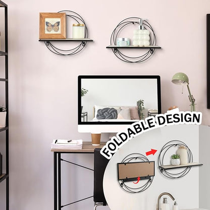 3 Pcs Floating Shelves Wall Mounted Hanging Shelf with Metal Wire and Wood, Foldable Round Shelf Wall Decor for Storage Bedroom Bathroom Living Room Kitchen Office Home Decoration (Black)
