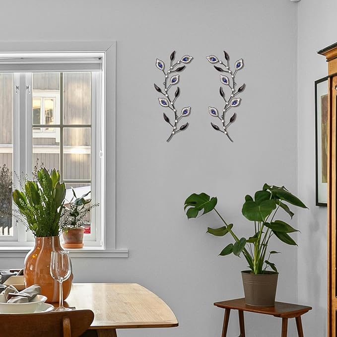 sxnzequnze 2 Pcs Metal Leaf Wall Art Crystal Bling Decorations Silver Leaves 3D Iron Handmade Home Decor Hanging Minimalist Accents Modern Set for Living Room Bathroom Bedroom Dining Room Hallway