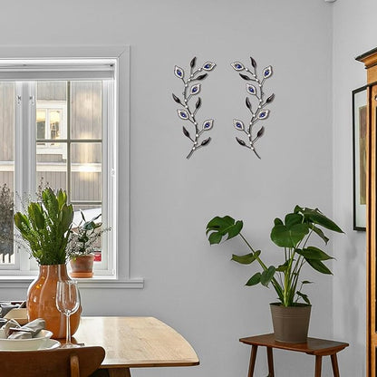 sxnzequnze 2 Pcs Metal Leaf Wall Art Crystal Bling Decorations Silver Leaves 3D Iron Handmade Home Decor Hanging Minimalist Accents Modern Set for Living Room Bathroom Bedroom Dining Room Hallway