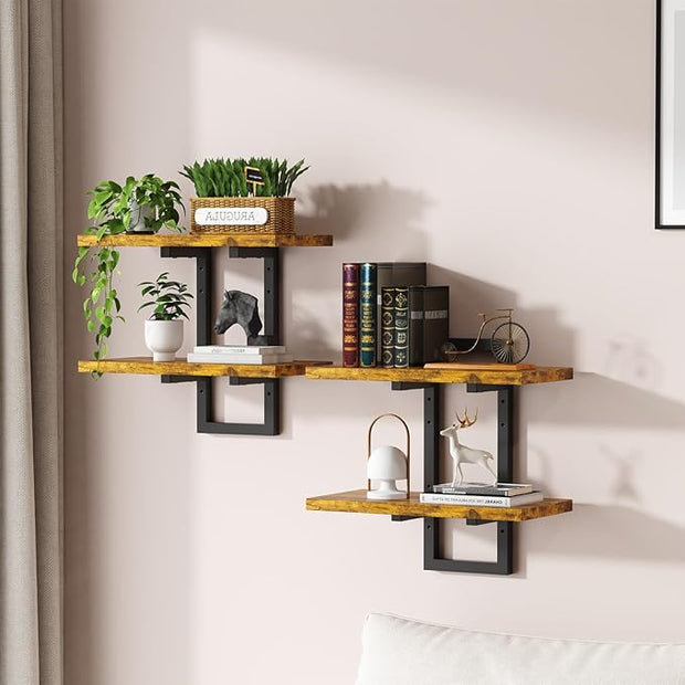 Floating Shelves, Set of 2 Wall Shelves, 2-Tier Wall Mounted Storage Shelves, Adjustable Floor Height, Hanging Bathroom Shelves, for Living Room, Bedroom, Bathroom, Kitchen, Rustic Brown and Black