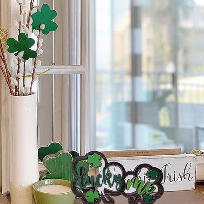 Wooden Shamrock Centerpiece Lucky Me Table Decorations St. Patrick's Day Tiered Tray Decor Farmhouse Home Office Coffee Bar Kitchen Table Decor