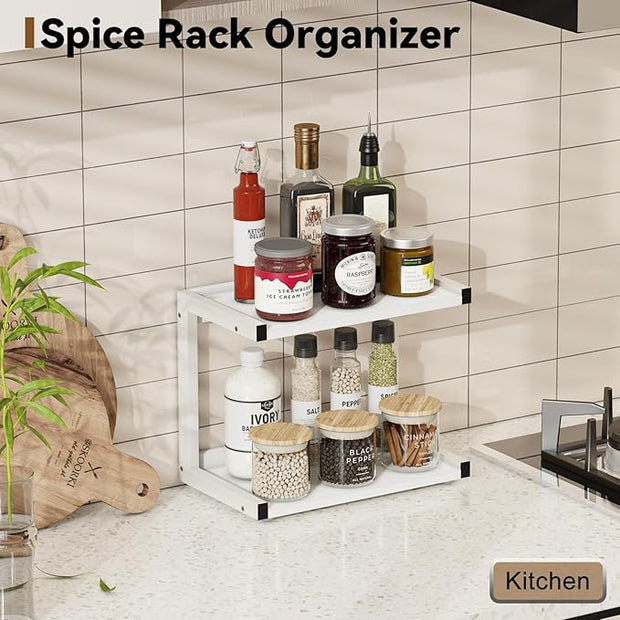 MARTY 2 Tier 12.6"x7.7" Counter Shelf Organizer Kitchen Spice Rack for Countertop, Coffee Station Organizer for Mugs Cups, Wood Shelf Desk Storage Organizer for Bathroom Home Office (White)
