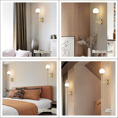 BOKT Mid Century Modern Long Wall Sconce Brushed Brass Bathroom Vanity Wall Sconce Lighting Small Gold Globe Wall Light White Glass Sphere Wall Lamp Antique Brass Wall Lighting
