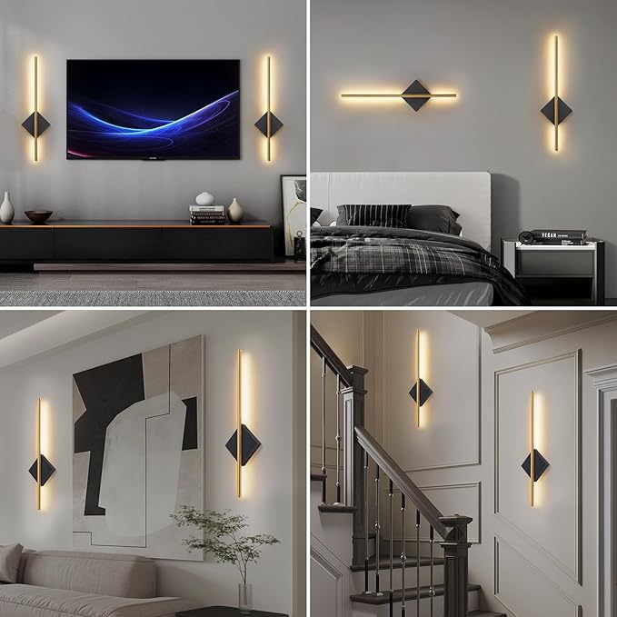 Battery Operated Wall Sconces Set of Two, Modern Sconces Wireless Cordless Rechargeable Light with Remote, Gold and Black Wall Lamp Dimmable Home Decor for Bedroom Living Room Hallway Timing 23.6 Inch