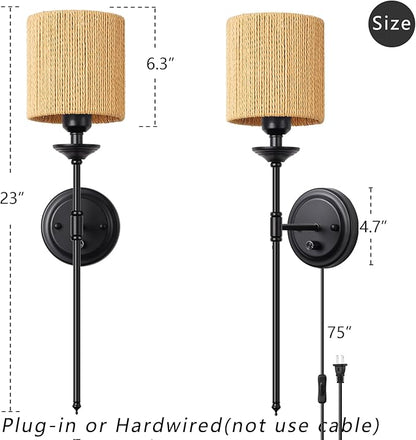 Rattan Plug in Wall Sconces Set of 2, Dimmable Vintage Black Wall Light with Dimmer Switch 6.5ft Electric Cord Wall Lamp for Bedroom Bedside Living Room ﻿