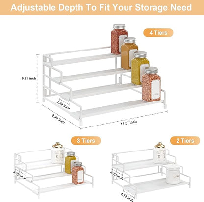 4-Tier-Spice-Rack-Organizer-for-Cabinet, Adjustable Depth Spice Holder Shelf For Countertop Pantry Cupboard, Metal Tiered Seasoning Organizer,Display Shelf Riser (White-2 Pack)