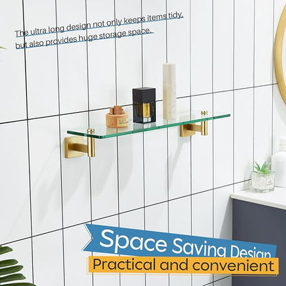 KOKOSIRI Wall Shelves Floating Shelf 20-Inch Stainless Steel Bathroom Hardware Tempered Glass Kitchen Hanging for Storage/Room Decor Gold B1105BG-L20