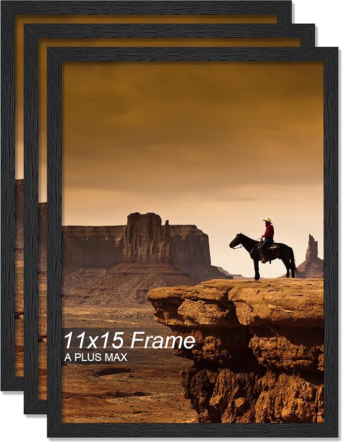 A PLUS MAX 11x15 Picture Frame Set of 3, Black Engineered Wood Frame for 11 x 15 Inch Picture Poster Photo, Light Weight 11 by 15 Frame with Wood-grain for Wall - 3 Pack/Black/11 x15