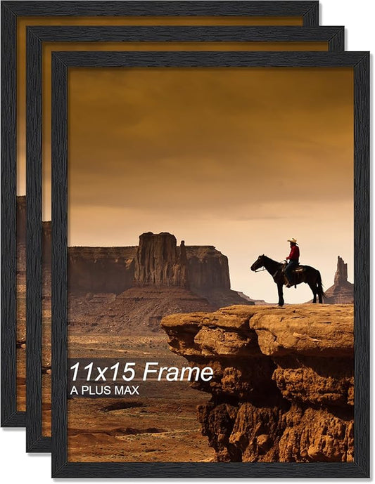 A PLUS MAX 11x15 Picture Frame Set of 3, Black Engineered Wood Frame for 11 x 15 Inch Picture Poster Photo, Light Weight 11 by 15 Frame with Wood-grain for Wall - 3 Pack/Black/11 x15