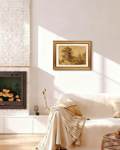 VIYYIEA Gold Framed Art Prints,12x16Inch, Sketch Landscape Vintage Art Painting, Rustic Sepia-toned Decor for Library Dining Study Room Shelf, Country Canvas Picture
