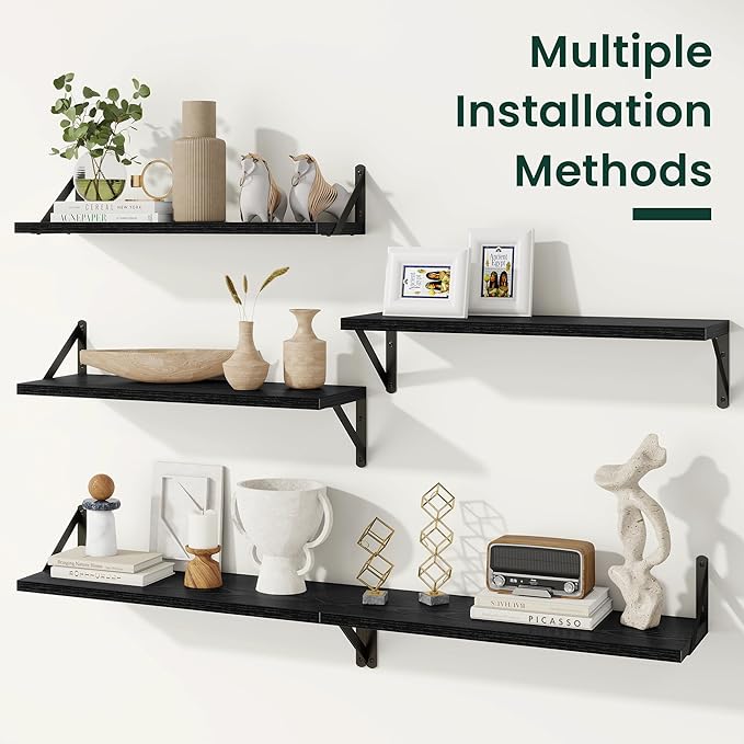 Floating Shelves, 8 Inch Deep Rustic Wood Wall Storage, 16W x 8D Wall Shelves Set of 2, Heavy Duty Metal Brackets, Industrial Book Shelf for Living Room, Kitchen, Bathroom, Bedroom, Black