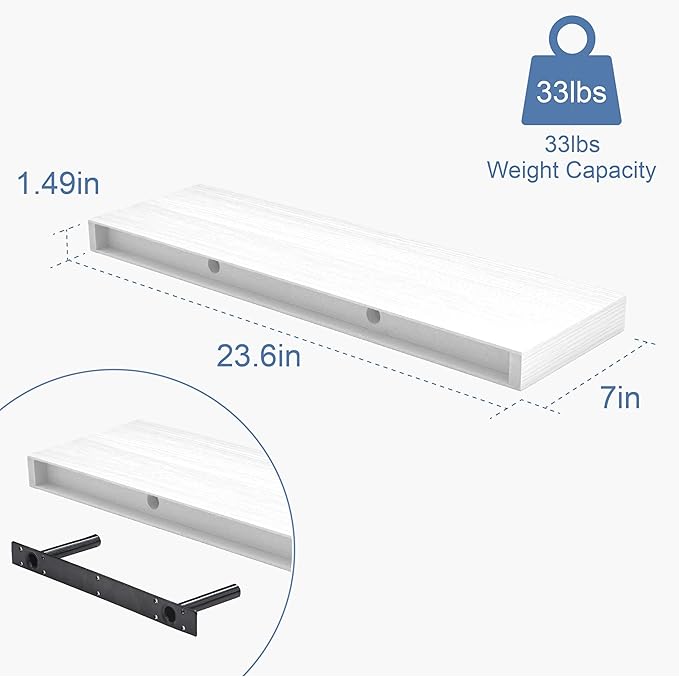 Floating Shelves for Wall, Bathroom Shelves Over Toilet, Wall Shelves & Book Shelf for Room, Hanging Shelf, Modern Wooden Mounted Floating Shelves, 24x7x1.5 in (White, Set of 2)