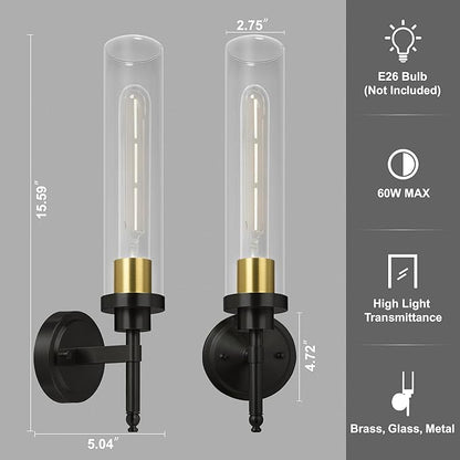 Wall Sconces Set of Two, Modern Bathroom Sconces with Clear Glass, Hardwired Sconces Wall Decor Set of 2, Wall Lights for Living Room Mirror Bedroom Hallway Kitchen (Gold and Black)