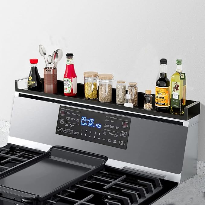 4X Strong Magnetic Stove Top Shelf, Adjustable 15-30 Inches, Fits Various Stove Lengths, Kitchen Organizer, Holds Spices, Condiments and BBQ Sauces (Matte Black)