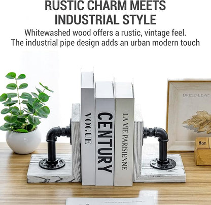 MyGift Decorative Bookends, Office Book Ends for Shelves, Book Holder L-Shaped Stand Desktop, Whitewashed Solid Wood with Realistic Industrial Pipe Design