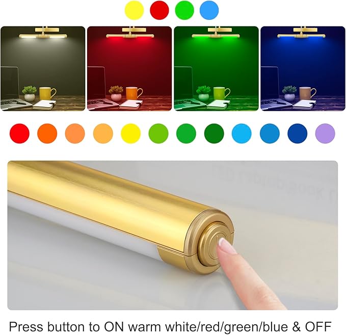 LUXSWAY Wireless Picture Lights for Paintings,Recgargeable Battery Art Display Light with Remote Control,Dimmable and Timer Off Dart Board Light with Aluminum Finish,Upgrade 12 Color Changing-Gold