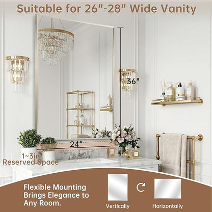 Brushed Nickel Bathroom Mirror, 24"x36" Rectangle Mirror, Brushed Mirror, Metal Frame Square Corner Vanity Mirror, Wall Mounted Mirror for Modern, Living Room, Bedroom, Horizontal Or Vertical