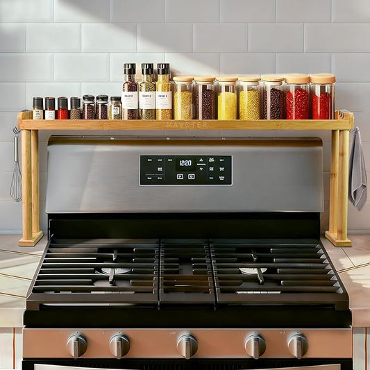 Over The Stove Top Shelf for Kitchen Bamboo Spice Rack Organizer for Back of Stove with Protective Lips & 6 Hooks,Easy Installation 33.5 * 4.5 * 13.4”