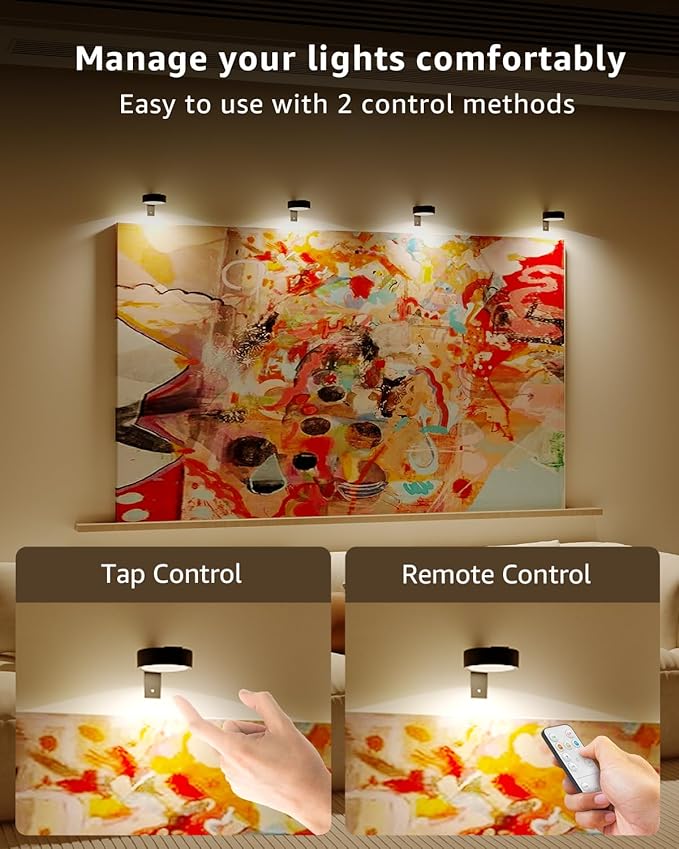 Wireless Rechargeable Over Picture Lights for Wall, 3 Pack 2600mAh Battery Art Light for Paintings Cordless Light Above Picture Frame LED Gallery Lighting Remote Magnetic Puck Lights for Decor Poster