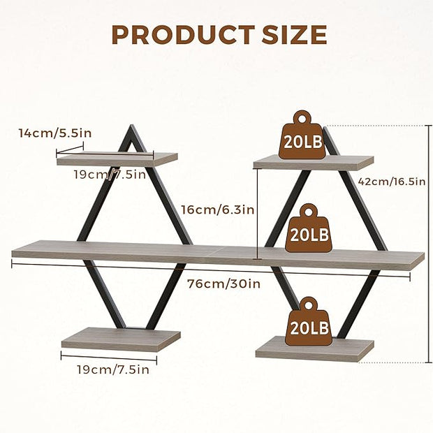 Floating Shelves, Wall Shelf Set of 2, Wall Mounted Shelves, 3-Tier Hanging Wall Shelves for Bathroom, Living Room, Bedroom, Kitchen, Office (Gray)