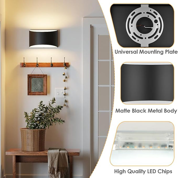FOLKSMATE Modern LED Wall Sconces Set of 2, 3000K Warm White Up and Down Wall Mount Light, Extra Large Black Interior Wall Light Hardwired Lamp for Indoor Living Room Bedroom Hallway Basement Stairway