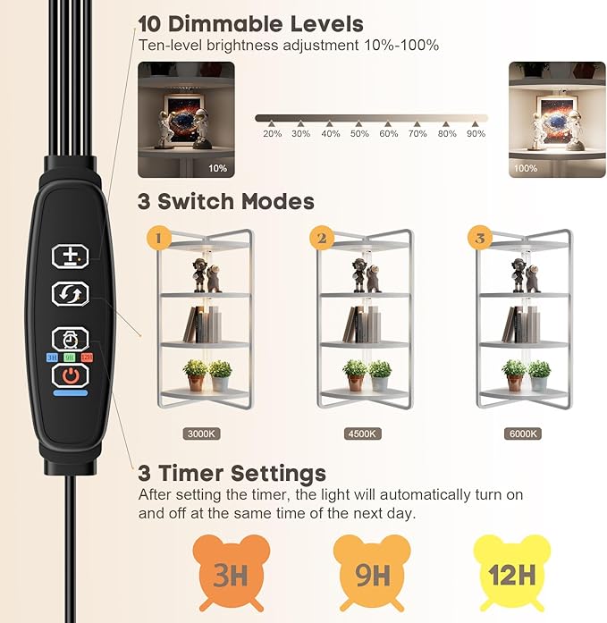 3-Pack Under Shelf Lighting for 4 Tier Corner Shelf Stand,Ultra-Bright 10 Dimmable Slim Stick on Lights, 3-Color Timer 3/9/12H,Decor Lights for Living Room,Bedroom, Kitchen Storage Display Rack