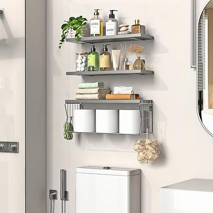 Floating Bathroom Shelves Wall Mounted - Wooden Shelf Set of 3 for Over Toilet Storage & Modern Bathroom Decor - Perfect Wall Shelving Organizer for Apartments RVs Powder Rooms Restroom - Grey