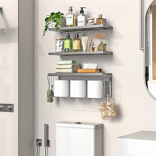 Floating Bathroom Shelves Wall Mounted - Wooden Shelf Set of 3 for Over Toilet Storage & Modern Bathroom Decor - Perfect Wall Shelving Organizer for Apartments RVs Powder Rooms Restroom - Grey