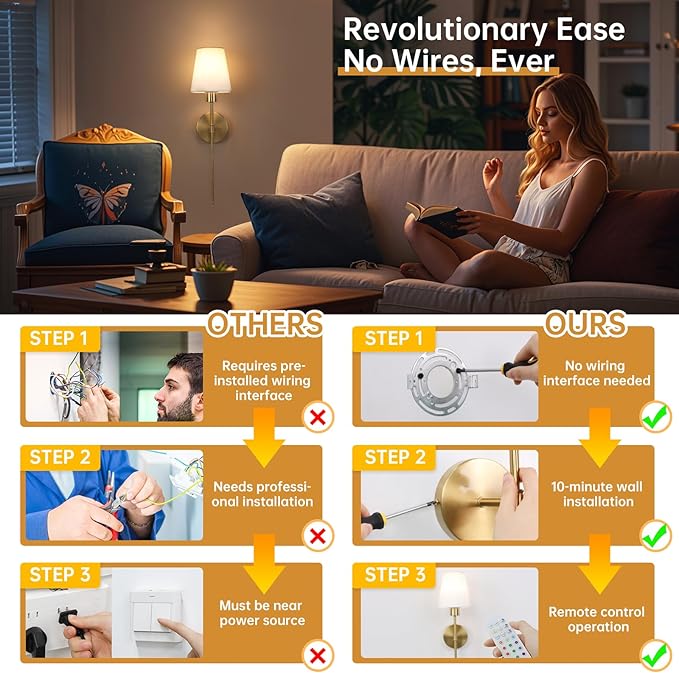 Fabric Wall Sconce Battery Operated Set of 2, Rechargeable Wall Lights with 5000mAh RGB Dimmable Bulb, 12 Colors Wall Sconces for Bedroom Living Room, Gold