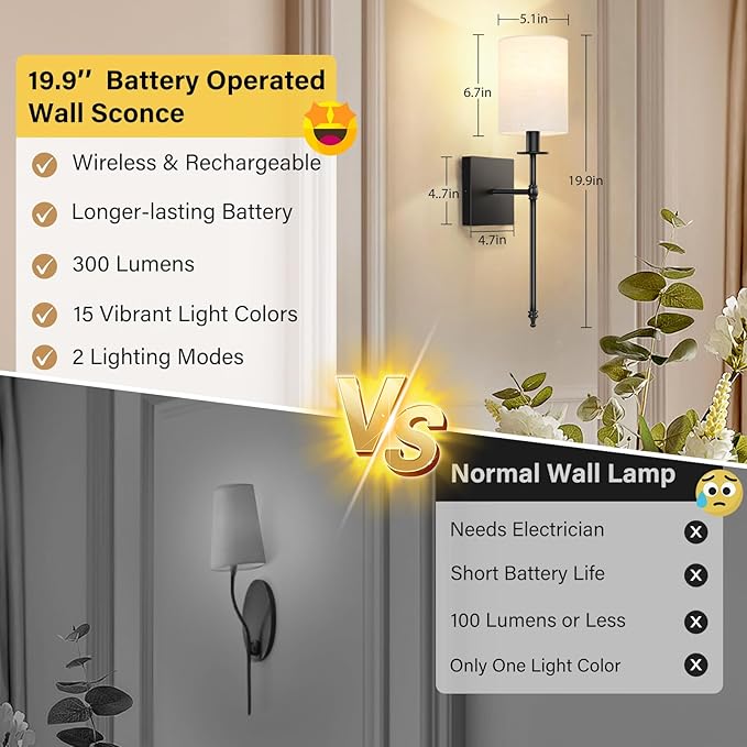 19.9 inch Battery Operated Wall Sconces Set of 2 with Remote, Rechargeable Wireless Wall Lights with Beige Fabric Shade, Indoor Not Hardwired Dimmable for Bedroom Living Room Decor