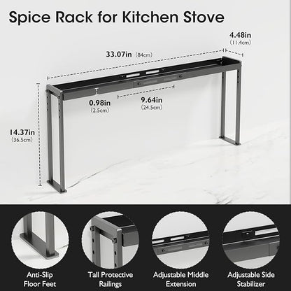 Bumusty Adjustable Stove Top Shelf,Over Shelf for Stove – Expandable 4-Level Spice Rack & Kitchen Organizer, Anti-Slip Metal Construction, 27"–33" Length, 11"–14" Height, Black
