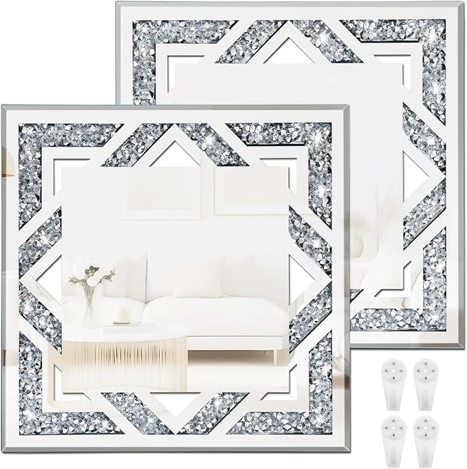 2 Piece Square Hollow Crushed Diamond Decorative Mirror, Silver Crushed Diamond Mirror Decor Wall for Living Room Bedroom Bathroom (12”x12”)