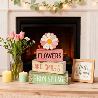 Spring Decoration Wooden Tiered Tray Decor – Daisy Flower Spring Stacked Block Sign – Farmhouse Tabletop Floral Spring Decor for Shelf Mantel Seasonal Home Display