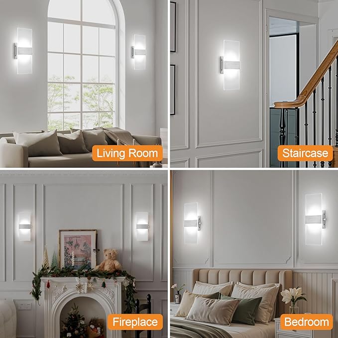LIGHTESS Modern Wall Sconce Dimmable Switch 12W, Up Down Wall Lights Acrylic LED Wall Lamp for Hallway Bedroom Corridor, Cool White, HS621-1