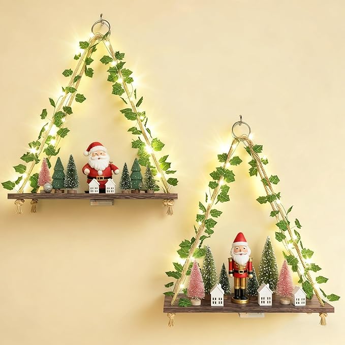 Fixwal Artificial Ivy LED-Strip Floating Shelves Set of 2, Macrame Hanging Shelves Plant Wall Decor, Rustic Boho Wood Wall Storage Shelves for Bedroom, Living Room, Bathroom Decor (Dark Brown)
