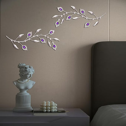 sxnzequnze 2 Pcs Metal Leaf Wall Art Crystal Bling Decorations Silver Leaves 3D Iron Handmade Home Decor Hanging Minimalist Accents Modern Set for Living Room Bathroom Bedroom Dining Room Hallway