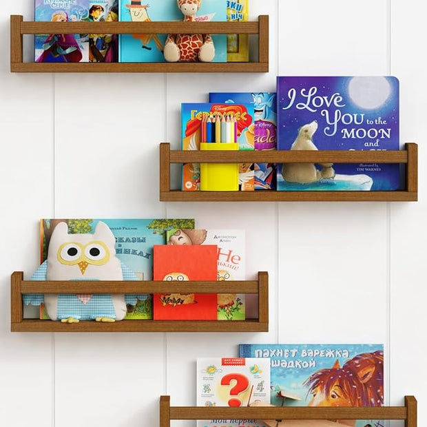 Forbena Walnut Brown Nursery Bookshelf Wall Mounted, Wooden Floating Book Shelves for Wall, Nursery Hanging Bookshelves for Baby Toddlers Kids Room Bedroom (Pine Wood, Walnut Color, 4-Pack)