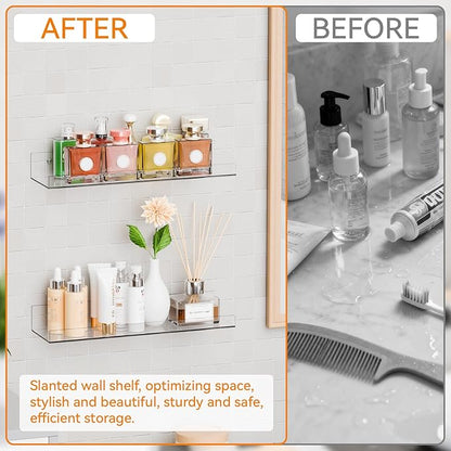 2 Pcak Clear Acrylic Shelves for Bedroom,Room,15 Inch Bathroom Wall Shelf & Organizer,Invisible Floating Shelves & Wall Storage for Collectibles Perfume Shelf,Record,Funko Pop,Lego Display,Bookshelf