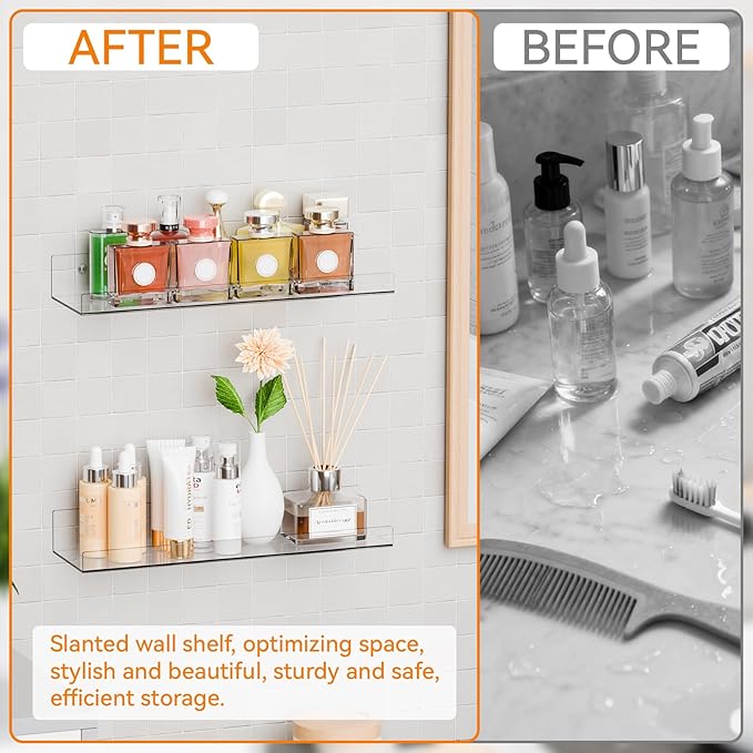 6 Pcak Clear Acrylic Shelves for Bedroom,Room,15 Inch Bathroom Wall Shelf & Organizer,Invisible Floating Shelves & Wall Storage for Collectibles Perfume Shelf,Record,Funko Pop,Lego Display,Bookshelf