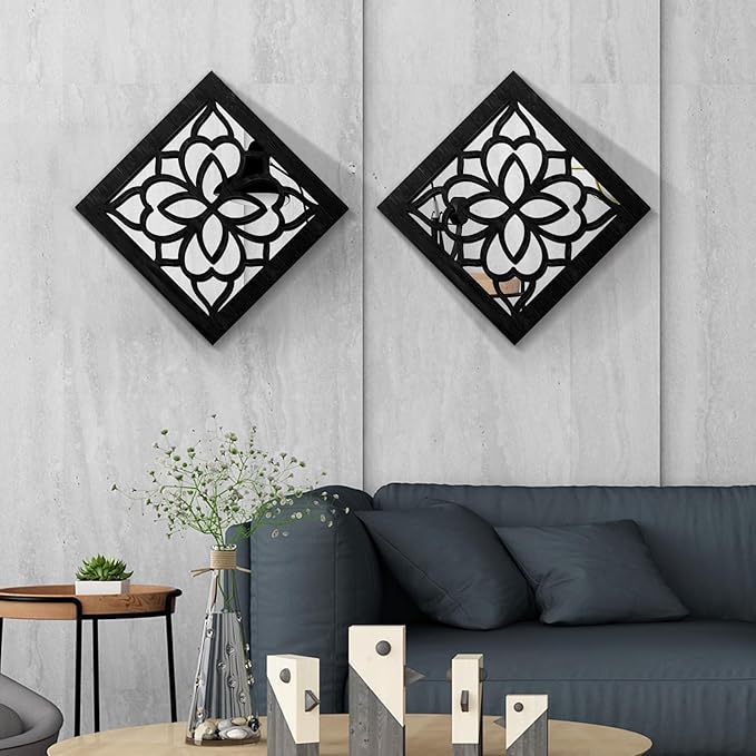2 PCS Square Wall Mirror,Rustic Farmhouse Wall Mirrors,12 inch Small Mirror Art (style2 Black)
