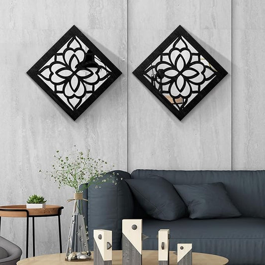 2 PCS Square Wall Mirror,Rustic Farmhouse Wall Mirrors,12 inch Small Mirror Art (style2 Black)