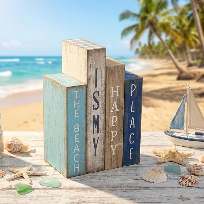 4 Pcs Summer Table Decoration Wooden Book Coastal Beach Decoration Blue and White Summer Tiered Tray Decor Wood Book Signs Farmhouse for Ocean Party Home Shelf Coffee Table