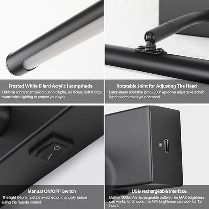 Picture Light for Wall Battery Operated, 12" Rechargeable Art Light with Remote and Timer for Painting, 3 Color Temps, Wireless Wall Light for Display, Artwork, Portrait, Gallery, Black