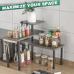ZHWS Kitchen Countertop Organizer, Bathroom Counter Organizer, Adjustable 3 Tier Corner Shelf with 4 Metal Hooks for Counter Organize, Spice Rack, Makeups, Coffee Station Bookshelf (Rustic Grey)