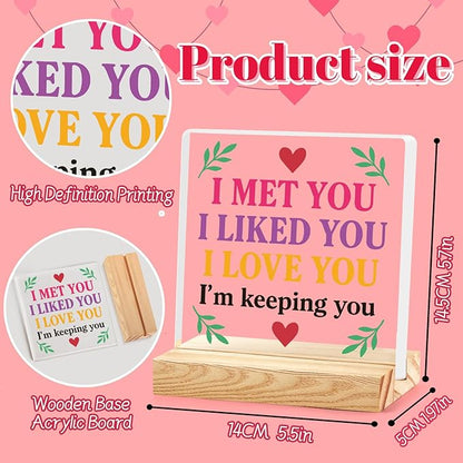Valentines Desk Decor, Happy Valentine's Day Home Office Table Sign for Porch Tiered Tray Shelf Party, Rustic Romantic Acrylic Gifts Decorations for Him Her Wife, I Met You