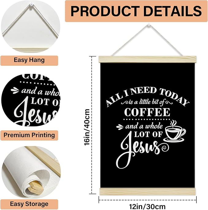LETUROIA Coffee Poster Hanger Frame, All I Need Today is A Little Bit of Coffee & A Whole Lot of Jesus Canvas Wall Decor(12×16"), Wall Art For Home Kitchen Office Cafe Bar Shelf -36