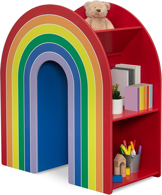 Delta Children Rainbow Bookcase – Greenguard Gold Certified Kids Bookshelf and Toy Storage, Montessori Bookcase for Playroom, Nursery and Classroom, Colorful Kids Book Shelf, Natural Finish